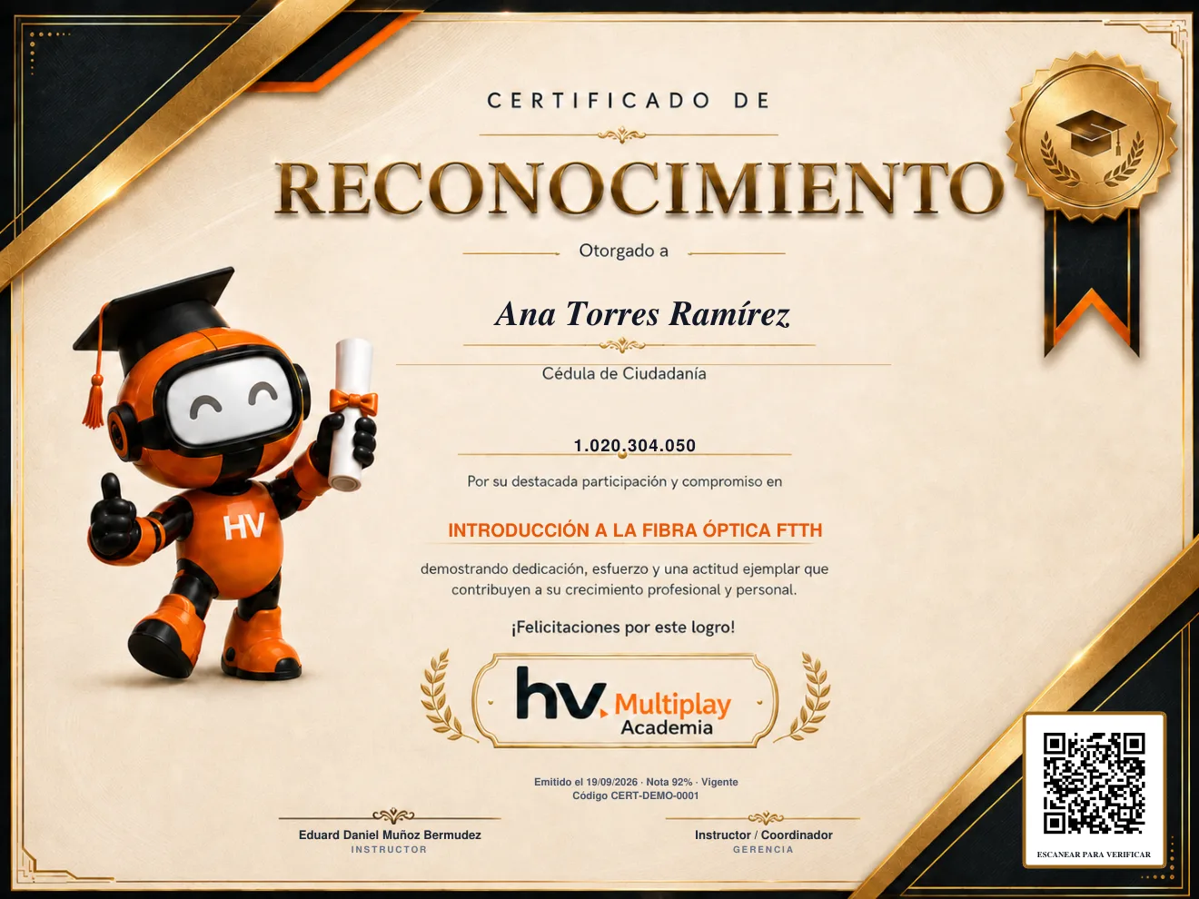 Certificado de ejemplo con código QR