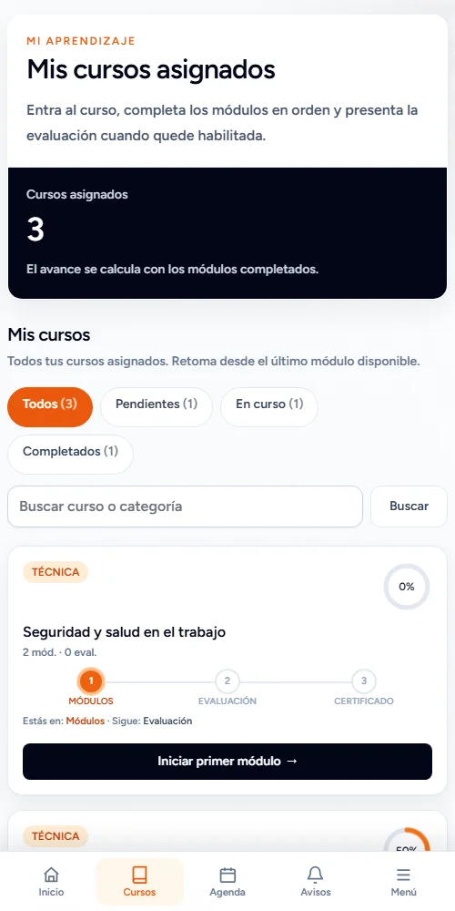 Pantalla Mis cursos en el celular